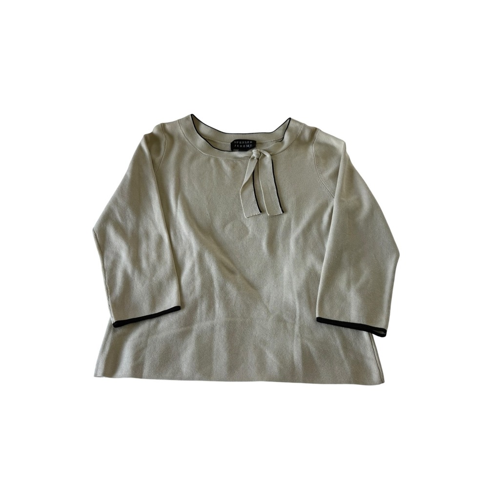 Spenser Jeremy Silk Blend Tie Neck Knit Top Beige Black Trim 3/4 Sleeve Medium